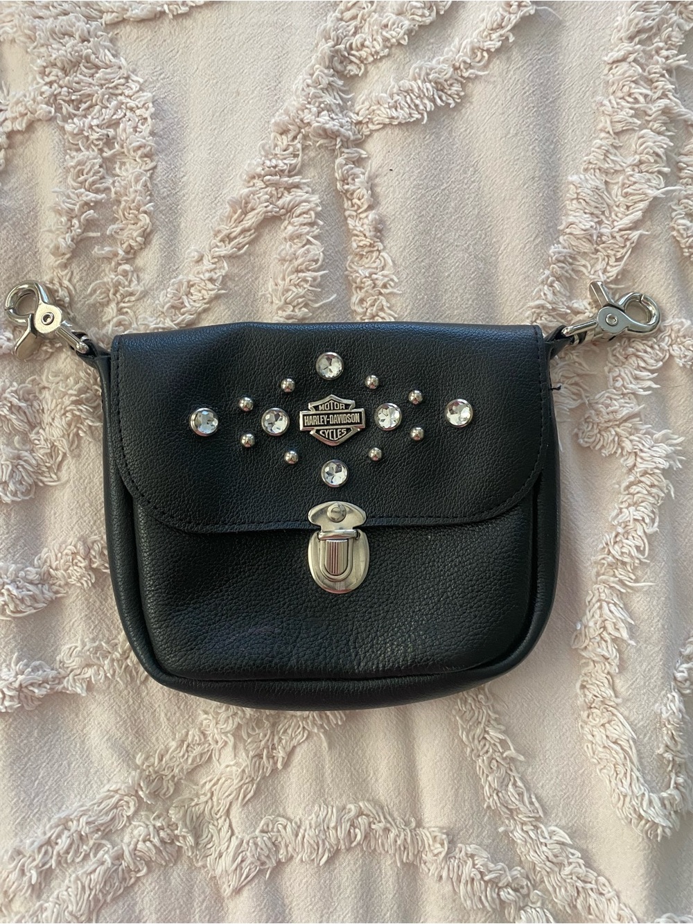 Harley-Davidson Black Leather Crystal Stud Crossbody or Belt Clip Bag